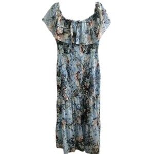 Baltic Born Amalfi Smocked Maxi Dress 1XL Blue Floral Off Shoulder Ruffle NWT